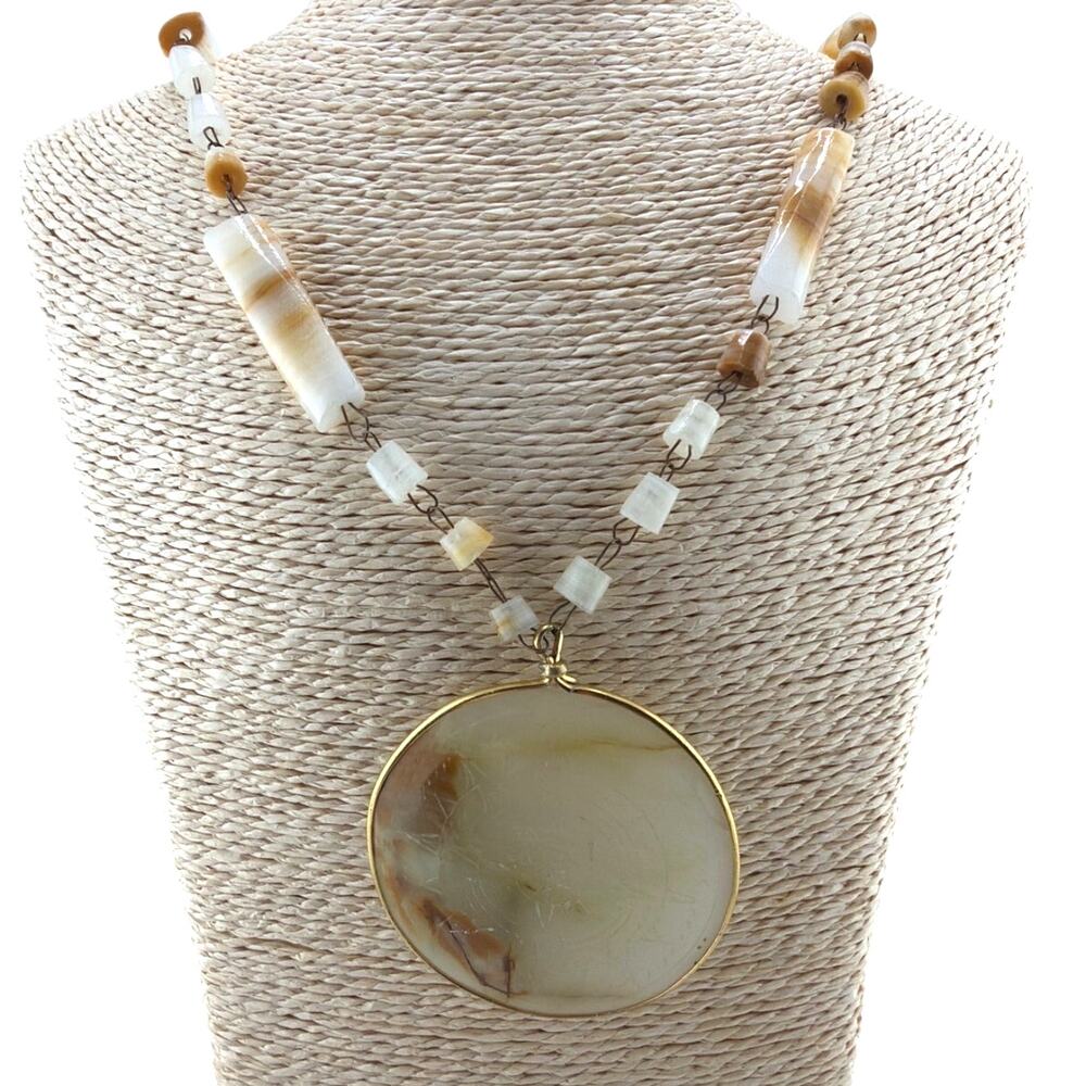 Vintage Mexican Honey Agate & Aztec Sun Pendant Necklace